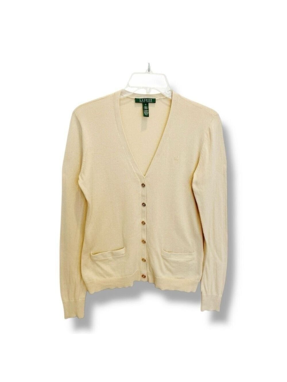 Lauren Ralph Lauren Beige Cotton V-Neck Logo Cardigan Sweater Women’s Size Small